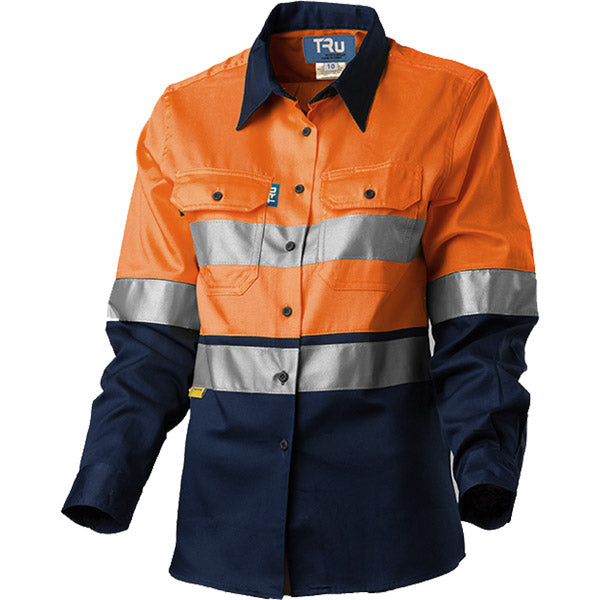 Shirt Lightweight Womens 160gsm L/S Two Tone Cotton Drill 3M Two Hoop Reflective Tape, HORIZONTAL Cooling Vents