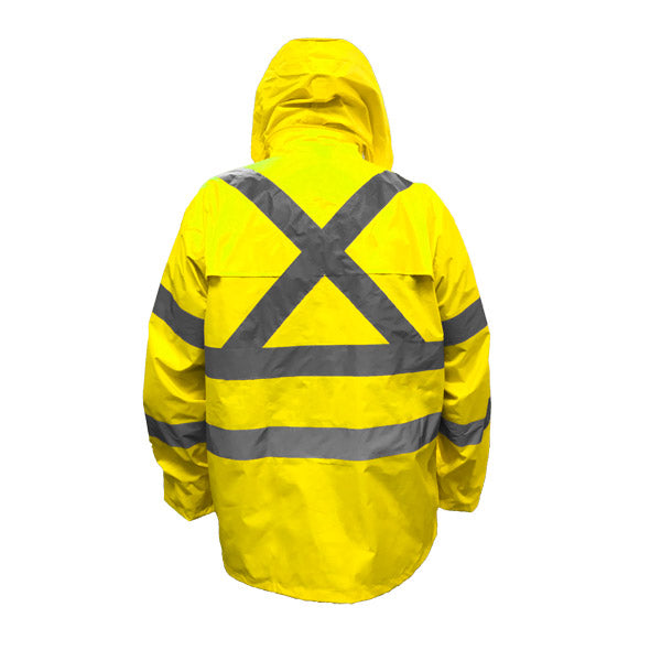 Rain set in bag - Biomotion Tape X Pattern.  100% Polyester 190 taffeta with PVC coating Jacket and Trouser with TRuRT reflective tape. Day/Night Use Only