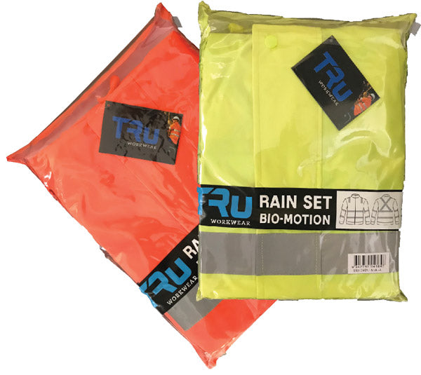 Rain set in bag - Biomotion Tape X Pattern.  100% Polyester 190 taffeta with PVC coating Jacket and Trouser with TRuRT reflective tape. Day/Night Use Only